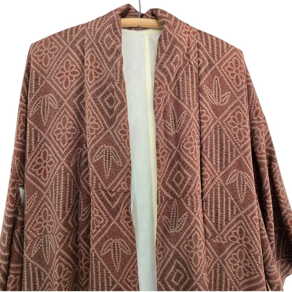 Vintage Brown & Ivory Kimono Robe Geometric Pattern & Open Front Fully Lined - Picture 5 of 8